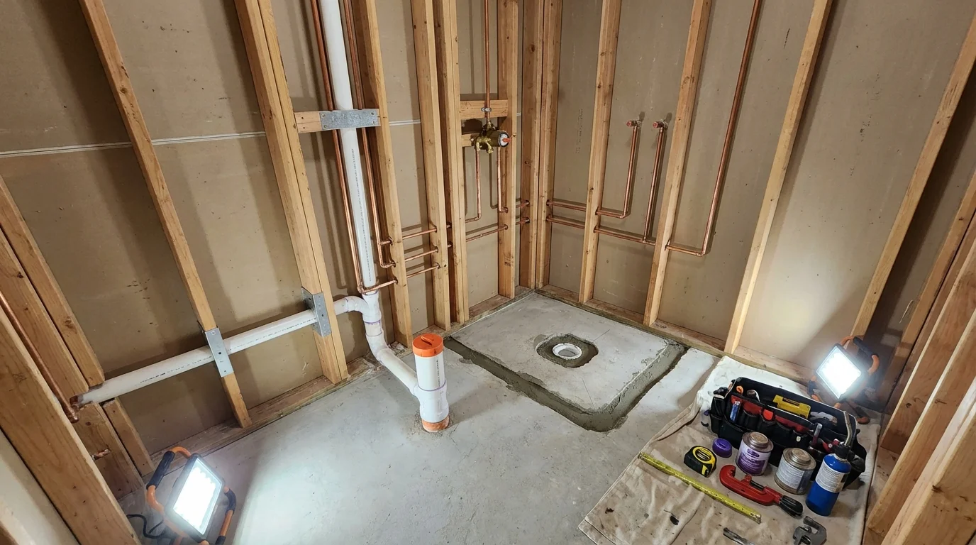 Bathroom rough-in plumbing during remodel by Johns Plumbing LLC in Falmouth