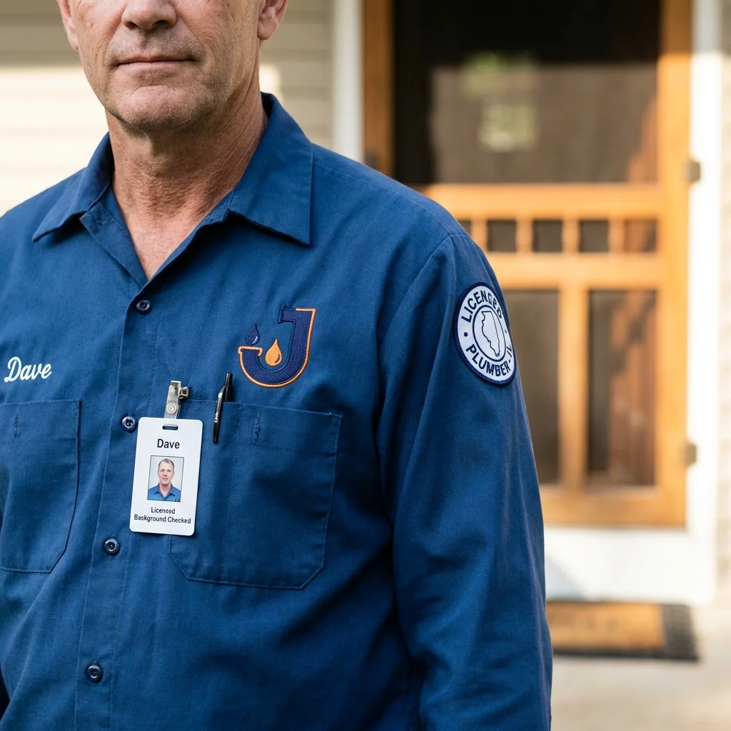 Licensed plumber showing ID badge in Falmouth, ME