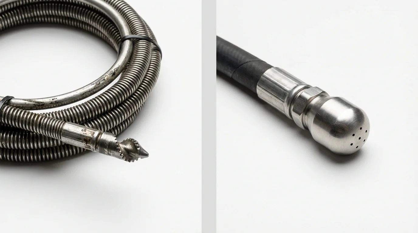 Drain snake cable and hydro jetting nozzle used for drain cleaning in Falmouth, ME