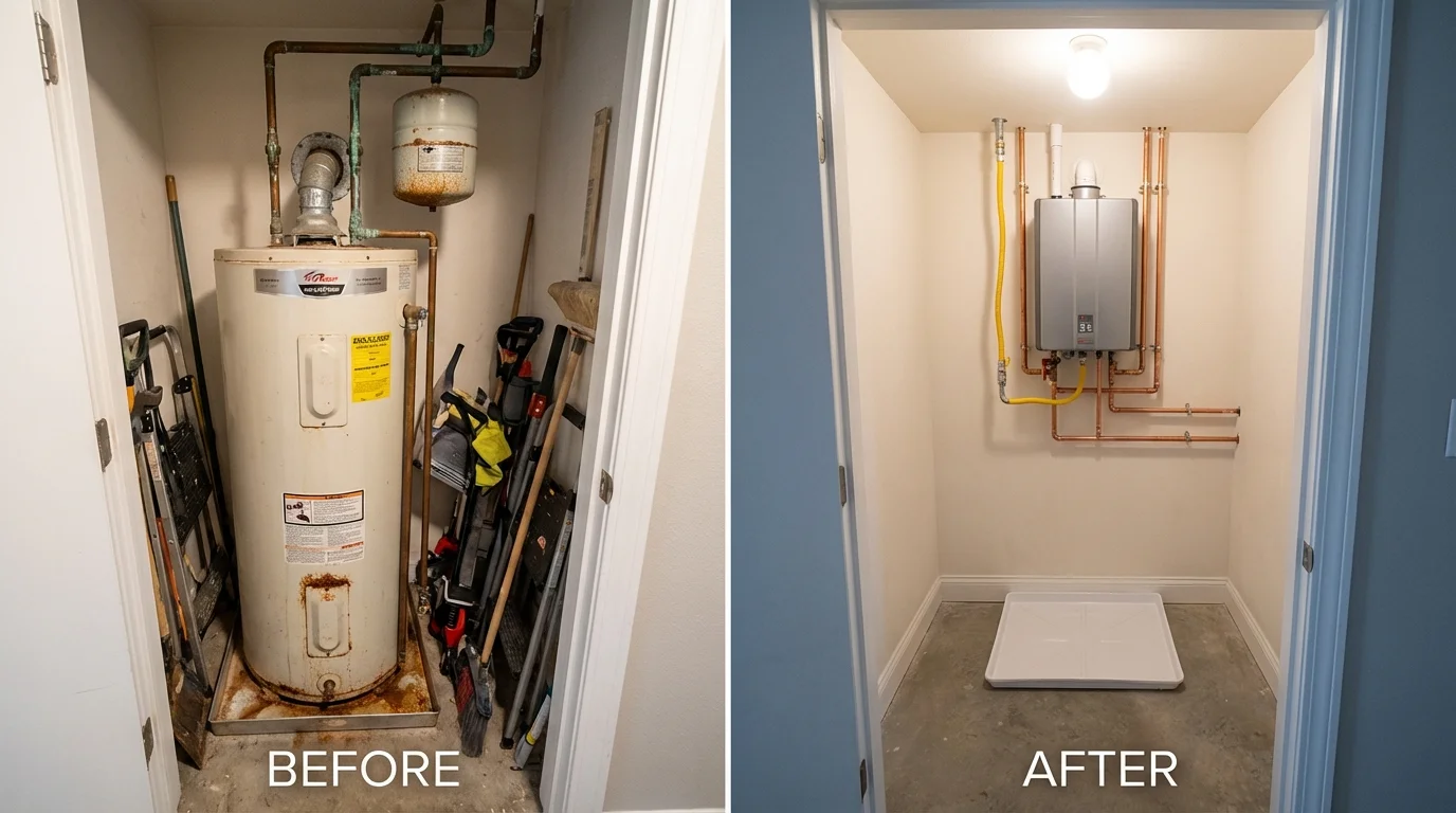 Tank water heater versus wall-mounted tankless unit comparison for Falmouth, ME homeowners