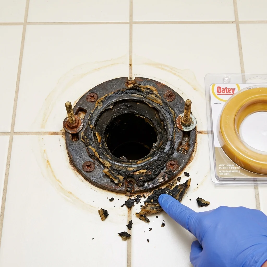 Failed wax ring showing water seepage at the base of a toilet in a Falmouth, ME home