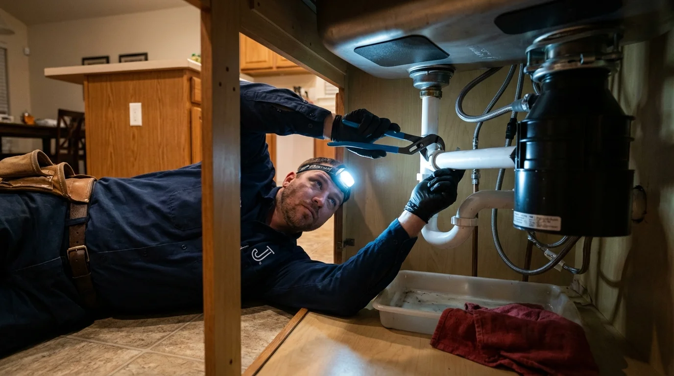P-trap and supply line connections under a kitchen sink showing a common leak point in Falmouth, ME